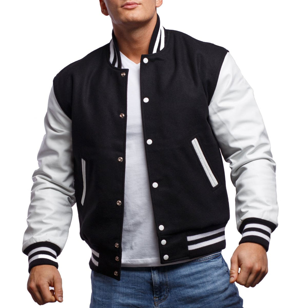 Mens Black White Varsity Jacket Front View