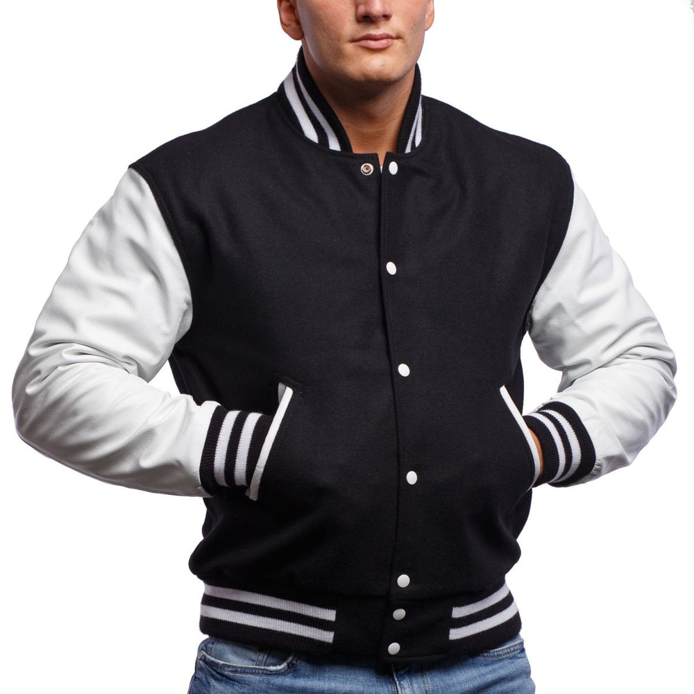Mens Black White Varsity Jacket Front Closed View