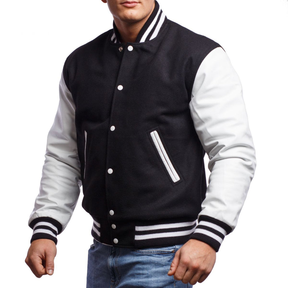Mens Black White Varsity Jacket Left View
