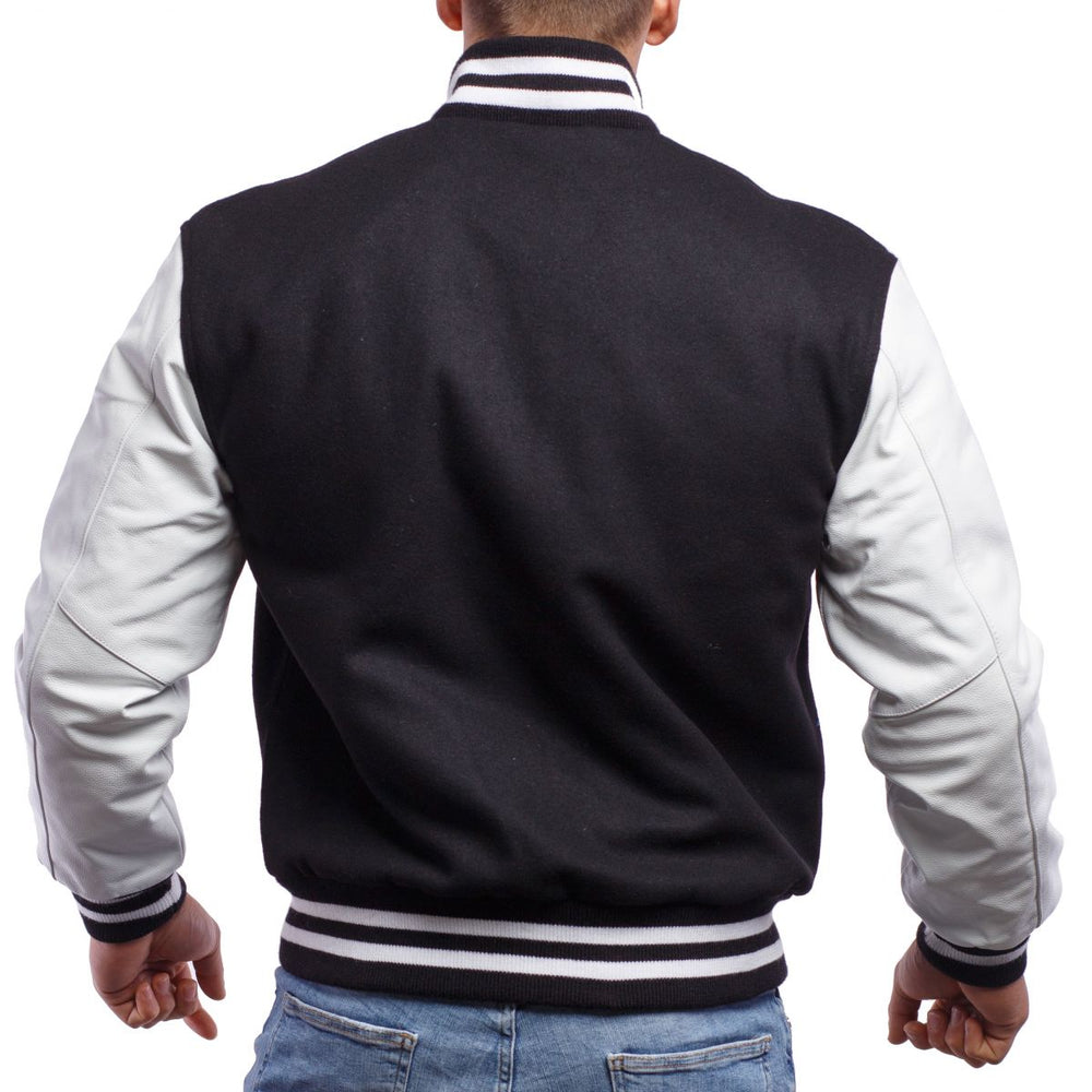 Mens Black White Varsity Jacket Back View