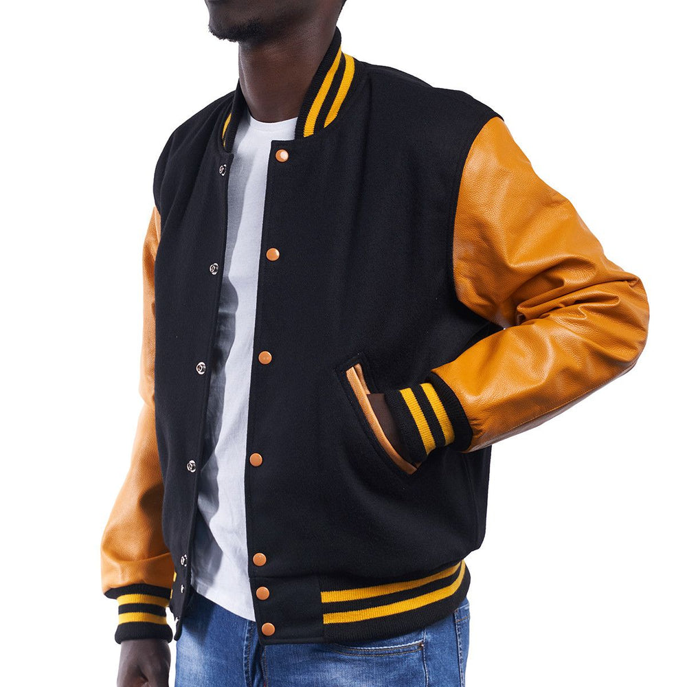 Mens Black Orange Varsity Jacket Left View