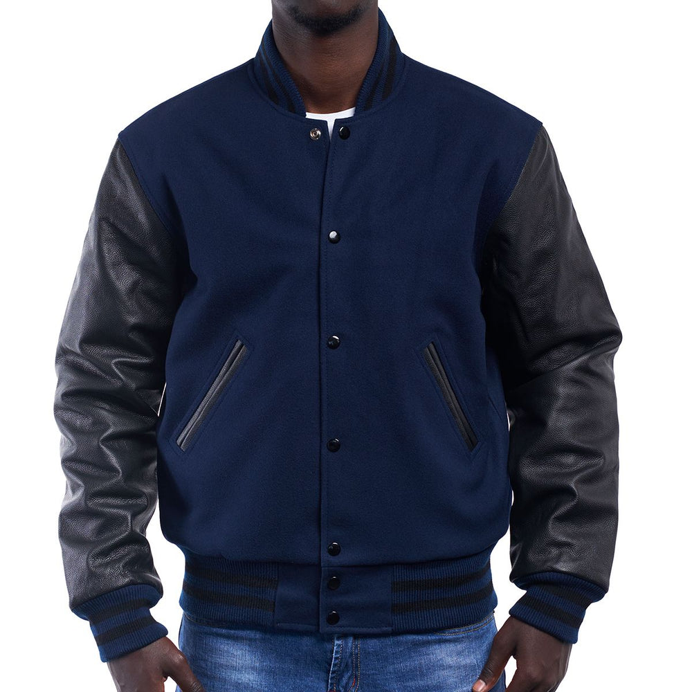 Mens Navy Blue Black Varsity Jacket Front VIew