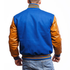 Mens Blue Orange Varsity Jacket Back View