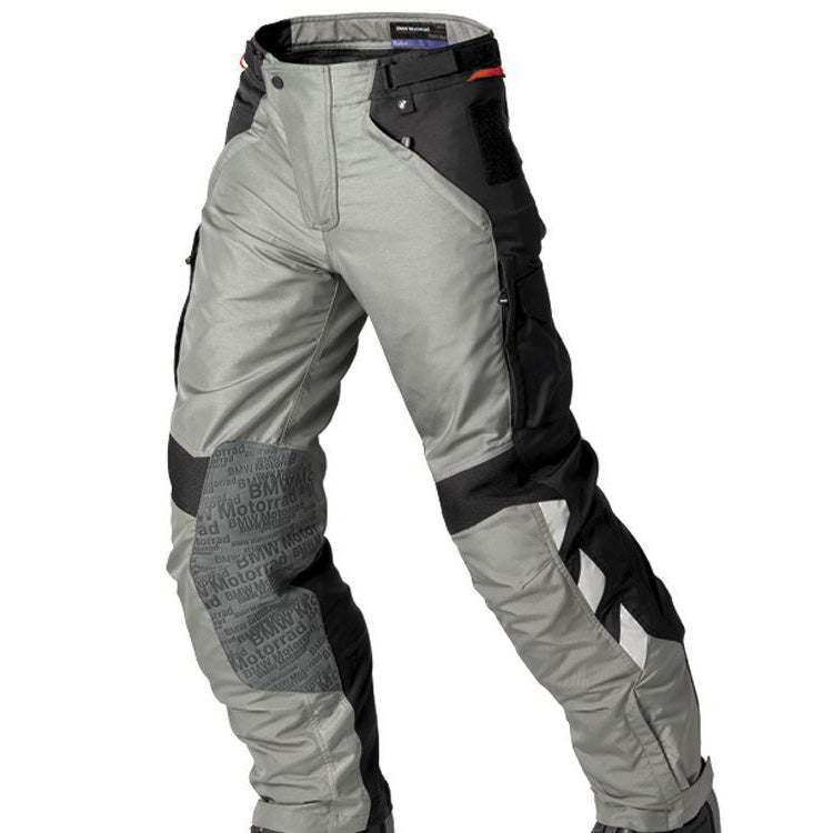 BMW GS Dry motorcycle touring pants grey and black front side view with reinforced knee protection and ergonomic touring fit