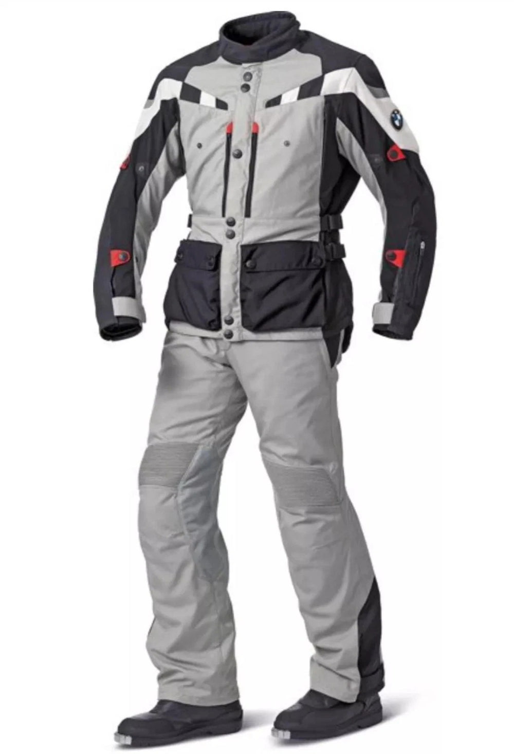 grey and black bmw gs dry adventure motorcycle touring suit front view with textile jacket and riding pants