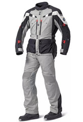 grey and black bmw gs dry adventure motorcycle touring suit front view with textile jacket and riding pants