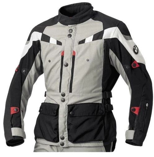 grey and black bmw gs dry adventure motorcycle touring suit front view with textile jacket and riding pants