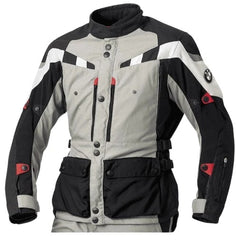 grey and black bmw gs dry adventure motorcycle touring suit front view with textile jacket and riding pants