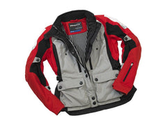 grey and red bmw gs dry womens motorcycle touring suit front view with adventure jacket and riding pants