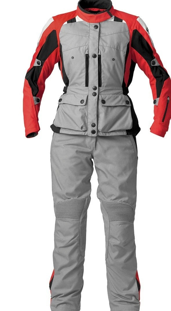 grey and red bmw gs dry womens motorcycle touring suit front view with adventure jacket and riding pants