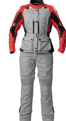 grey and red bmw gs dry womens motorcycle touring suit front view with adventure jacket and riding pants