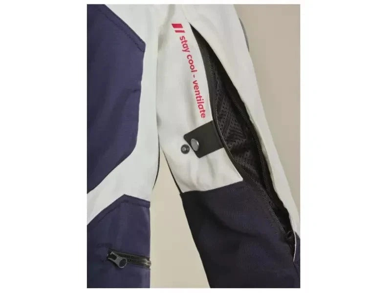 BMW GS Rallye GTX motorcycle jacket sleeve utility pocket detail in white blue and red