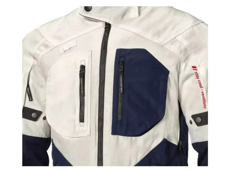 BMW GS Rallye GTX motorcycle jacket underarm ventilation detail in white blue and red