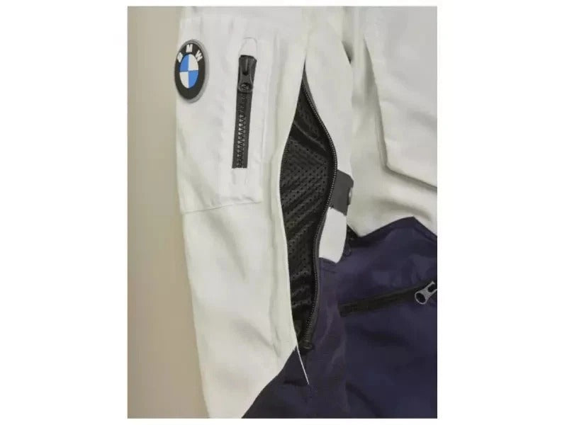 BMW GS Rallye GTX motorcycle jacket zipper and chest pocket detail in white blue and red