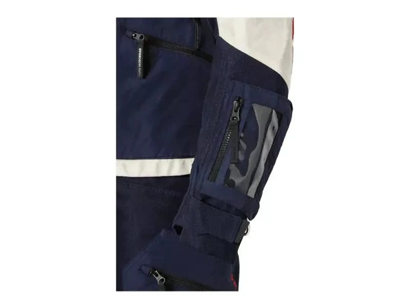 BMW GS Rallye GTX motorcycle suit front view in white blue and red with adventure touring jacket and pants