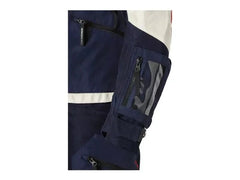BMW GS Rallye GTX motorcycle suit front view in white blue and red with adventure touring jacket and pants