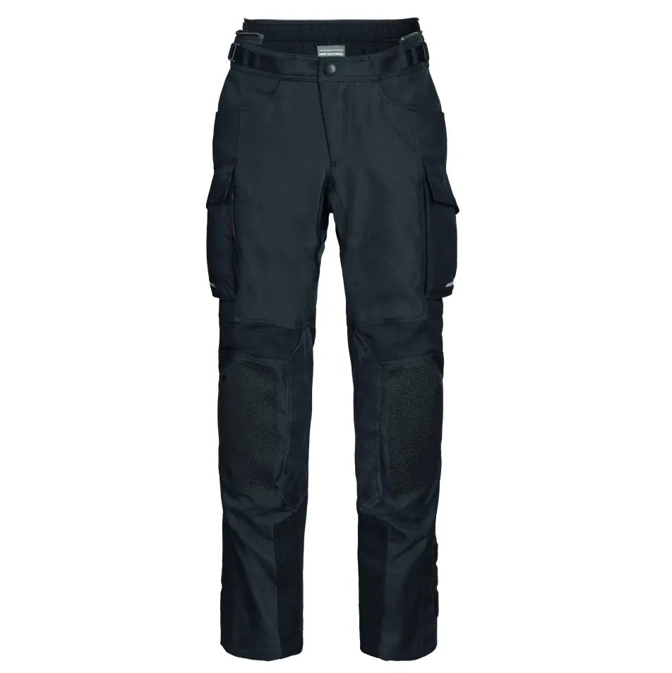 bmw mens rallye gtx motorcycle touring pants black front view with reinforced knee protection