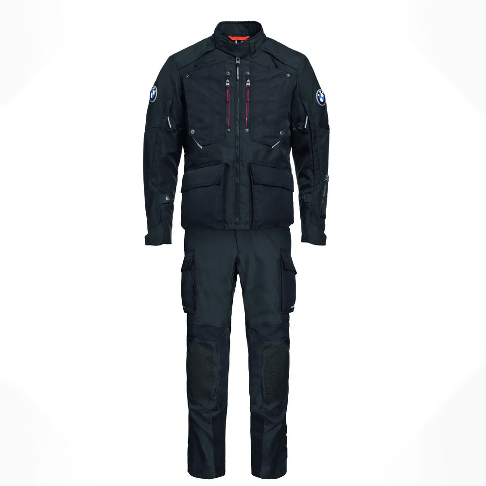 bmw mens rallye gtx motorcycle touring suit black front view with jacket and riding pants