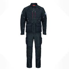 bmw mens rallye gtx motorcycle touring suit black front view with jacket and riding pants
