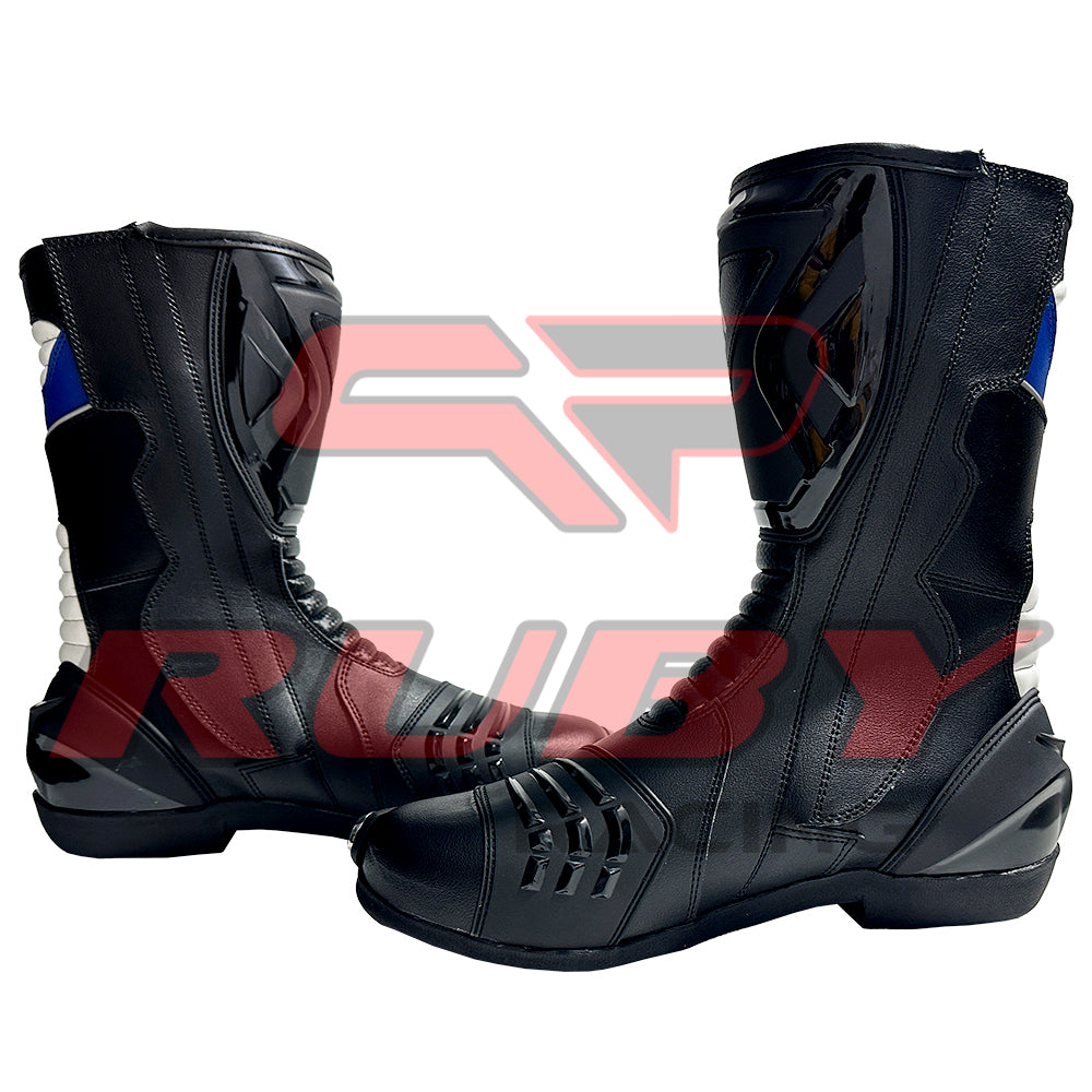 Pair of BMW Motorrad black blue motorbike leather boots for racing and street use, made with durable full-grain leather and breathable mesh lining.