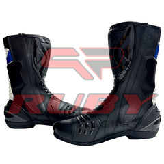 Pair of BMW Motorrad black blue motorbike leather boots for racing and street use, made with durable full-grain leather and breathable mesh lining.