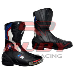 Rear view of BMW Motorrad black and blue motorcycle boots highlighting reinforced heel guards, ventilated zones, and flexible stretch inserts for comfort.