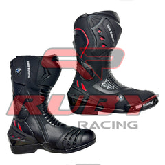 BMW Motorrad race boots in red and black design — premium motorcycle riding boots with CE-certified armor and durable dual rubber soles.