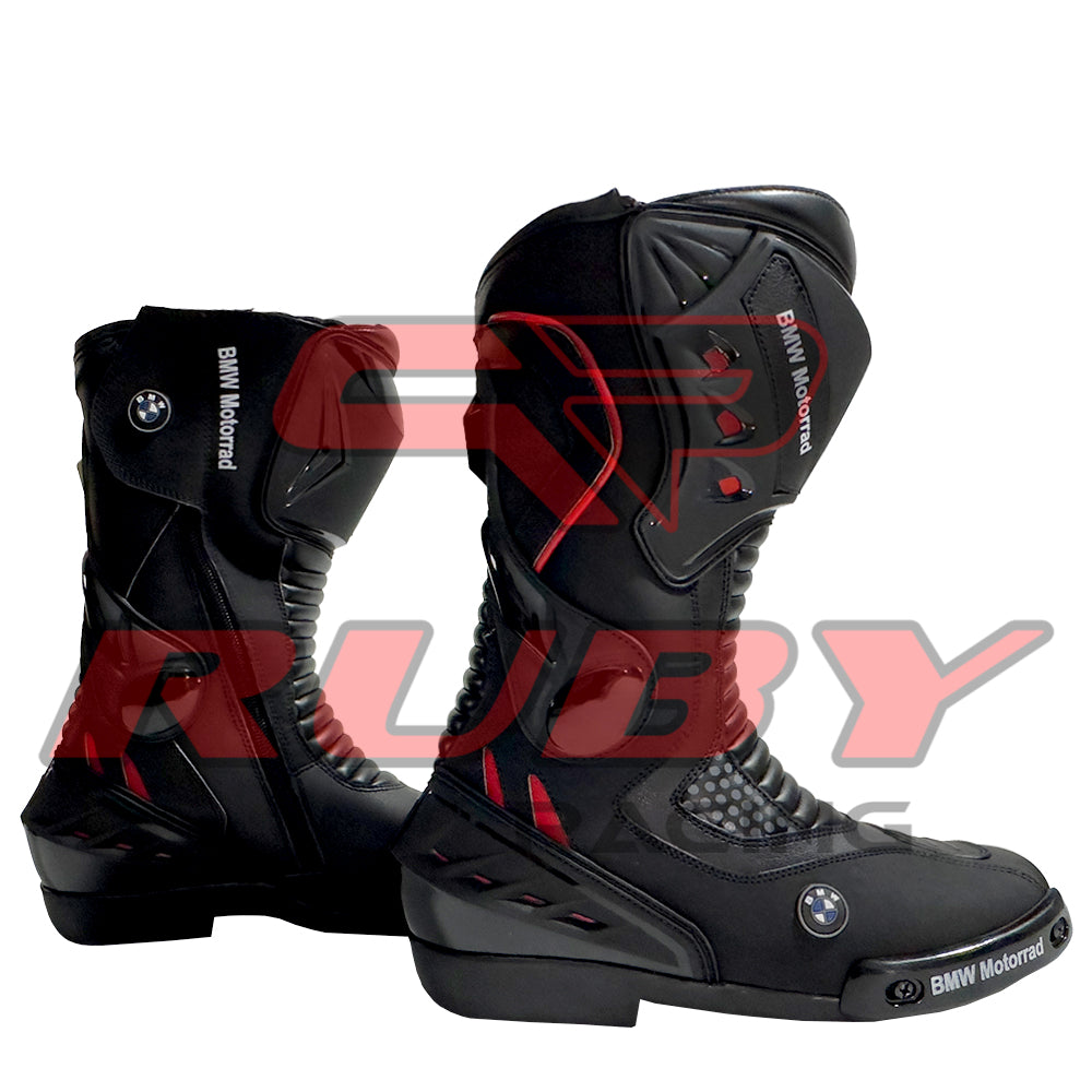 Full pair of BMW Motorrad red and black leather motorcycle boots offering comfort, ankle support, and ultimate rider protection for street and track.