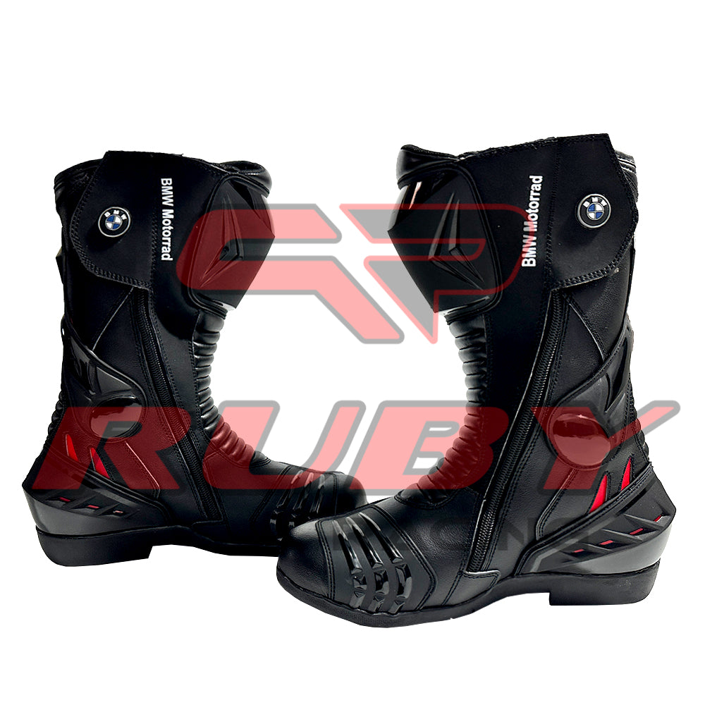 Angled pair view of BMW Motorrad red and black motorbike leather boots built for racing, showcasing anti-slip soles and breathable inner lining.