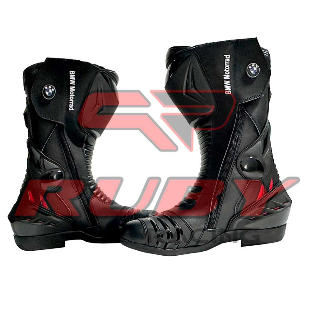 Rear view of BMW Motorrad red black motorbike boots highlighting heel reinforcement, reflective detailing, and high-grip outsole.