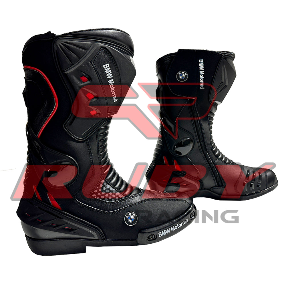 Side view of BMW Motorrad red and black race motorbike leather boots featuring aerodynamic protection, TPU ankle armor, and reinforced toe slider for riders.