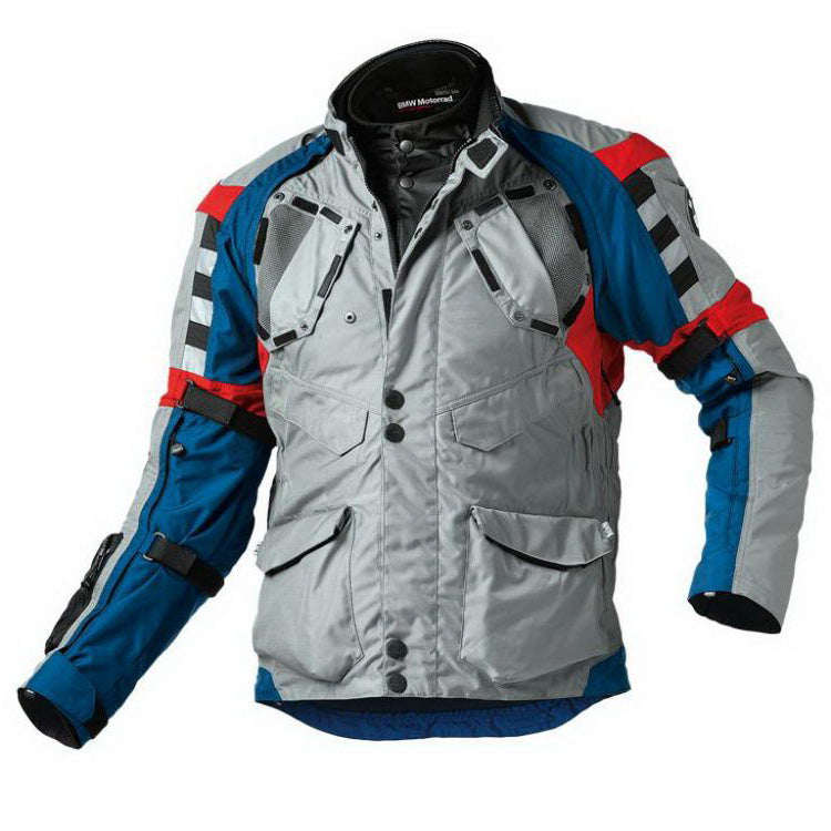 bmw rallye 3 pro motorcycle touring jacket grey blue front view adventure riding jacket with ventilation panels