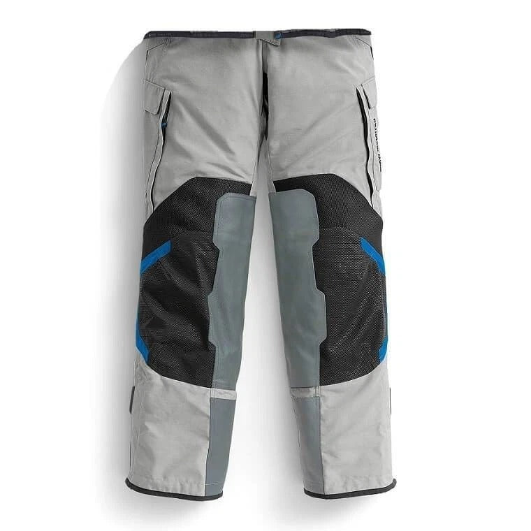 BMW Rallye 3 Pro touring motorcycle pants inner leg view in grey with black grip panels and blue contrast detailing