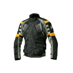 bmw rallye 3 touring motorcycle jacket black grey yellow front view with adventure riding design