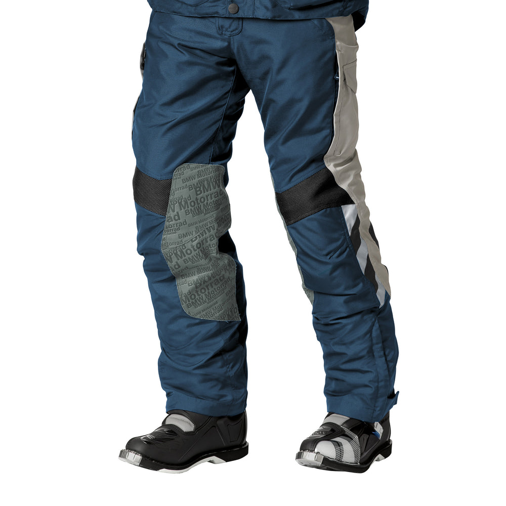 BMW Rallye 3 motorcycle touring pants blue and grey front view with reinforced knee panels and adventure riding design