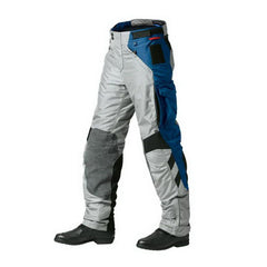 BMW Rallye 3 touring motorcycle pants grey and blue front side view with reinforced knee panels and adventure touring design