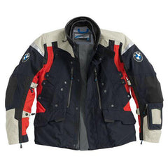 bmw rallye pro adventure motorcycle touring jacket black red grey front view with ventilation panels