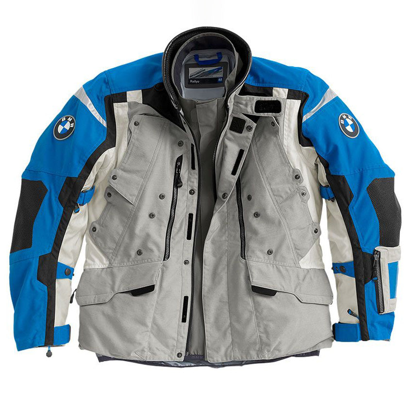 bmw rallye pro motorcycle adventure touring jacket front open showing ventilation panels and touring pockets