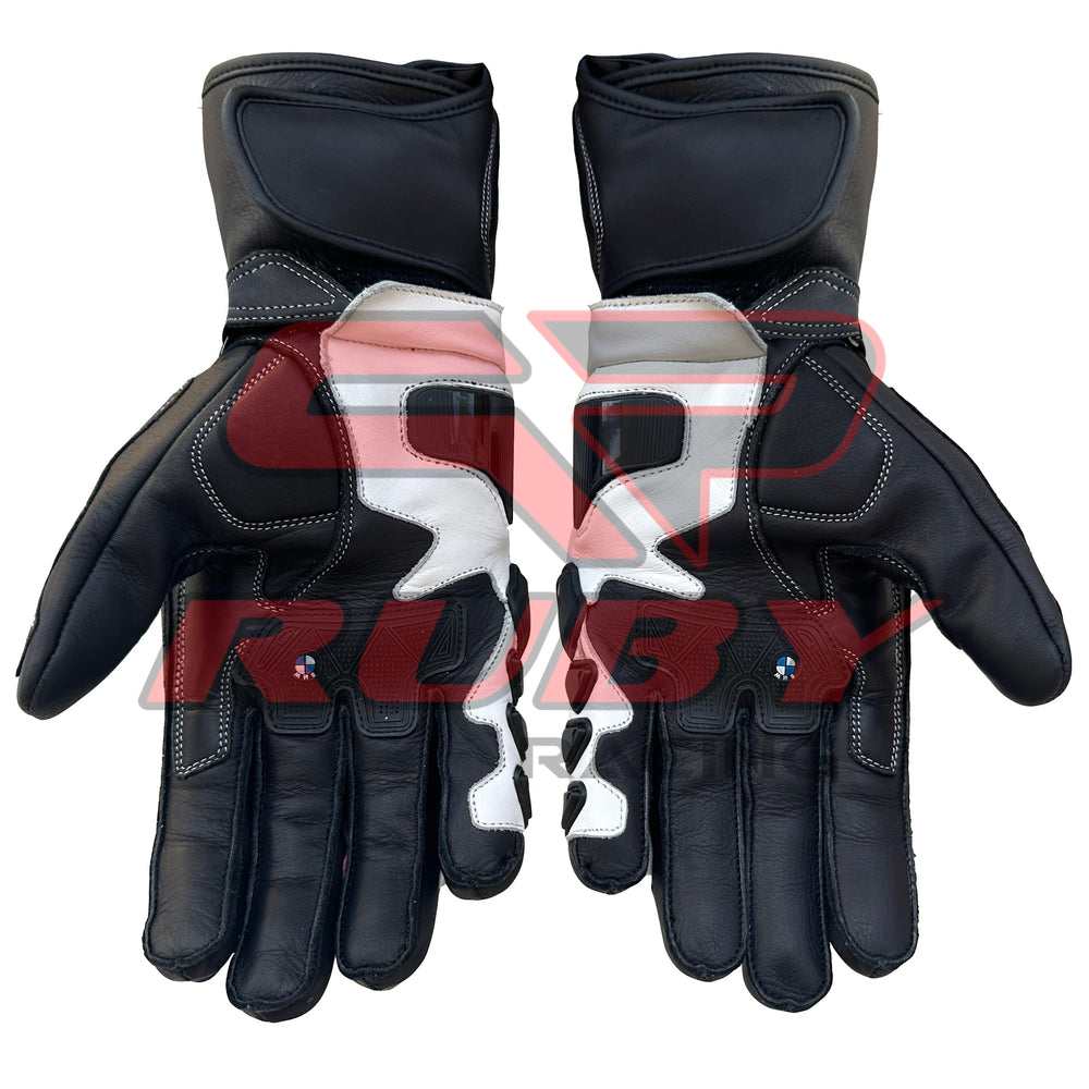 A pair of BMW S1000RR motorcycle racing gloves shown from the front, displaying the black and white leather design with reinforced padding along the fingers and palms. The gloves feature secure wrist cuffs for a snug fit and detailed stitching for durability. The BMW logo is subtly incorporated into the palm area, emphasizing the gloves' premium build and focus on safety for riders.