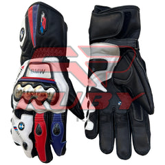 A pair of BMW S1000RR motorcycle racing gloves showcasing the front and back views. The gloves feature a black, white, red, and blue color scheme, with the BMW logo prominently displayed on the wrist. The front side shows protective knuckle guards and 'BMW Motorrad' branding, while the back side highlights reinforced padding and secure velcro straps for added safety and comfort during riding.