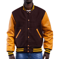 Mens Brown Orange Varsity Jacket Front View