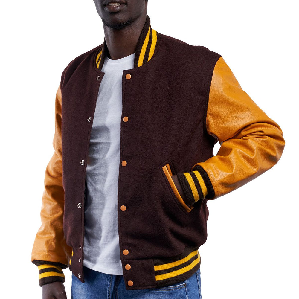 Mens Brown Orange Varsity Jacket Left View