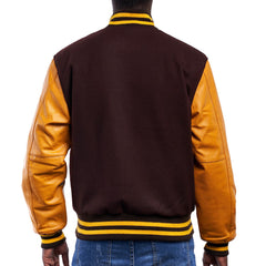 Mens Brown Orange Varsity Jacket Back View