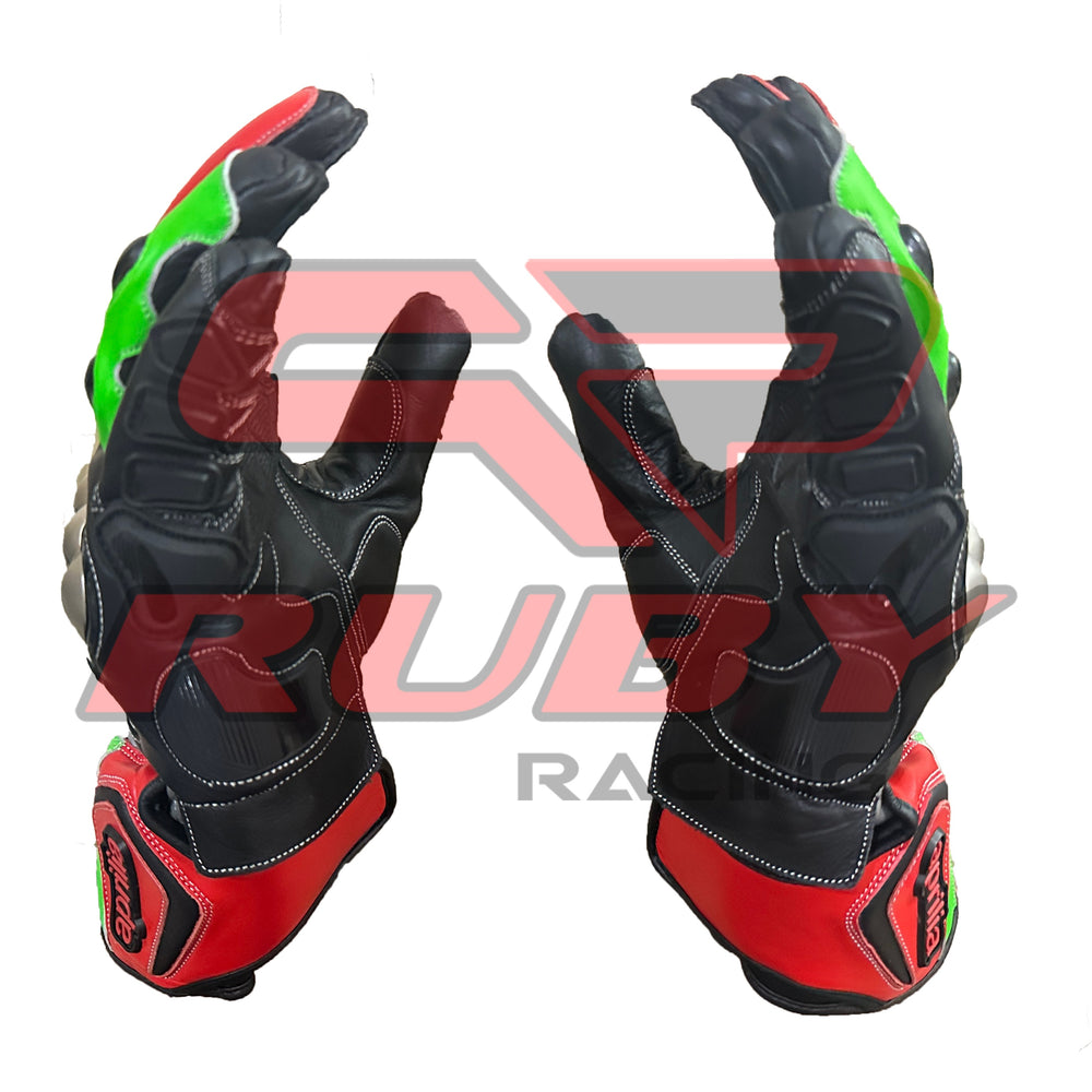 Top design of custom Aprilia MotoGP gloves showcasing carbon knuckle armor and dual-tone red-green finger detailing