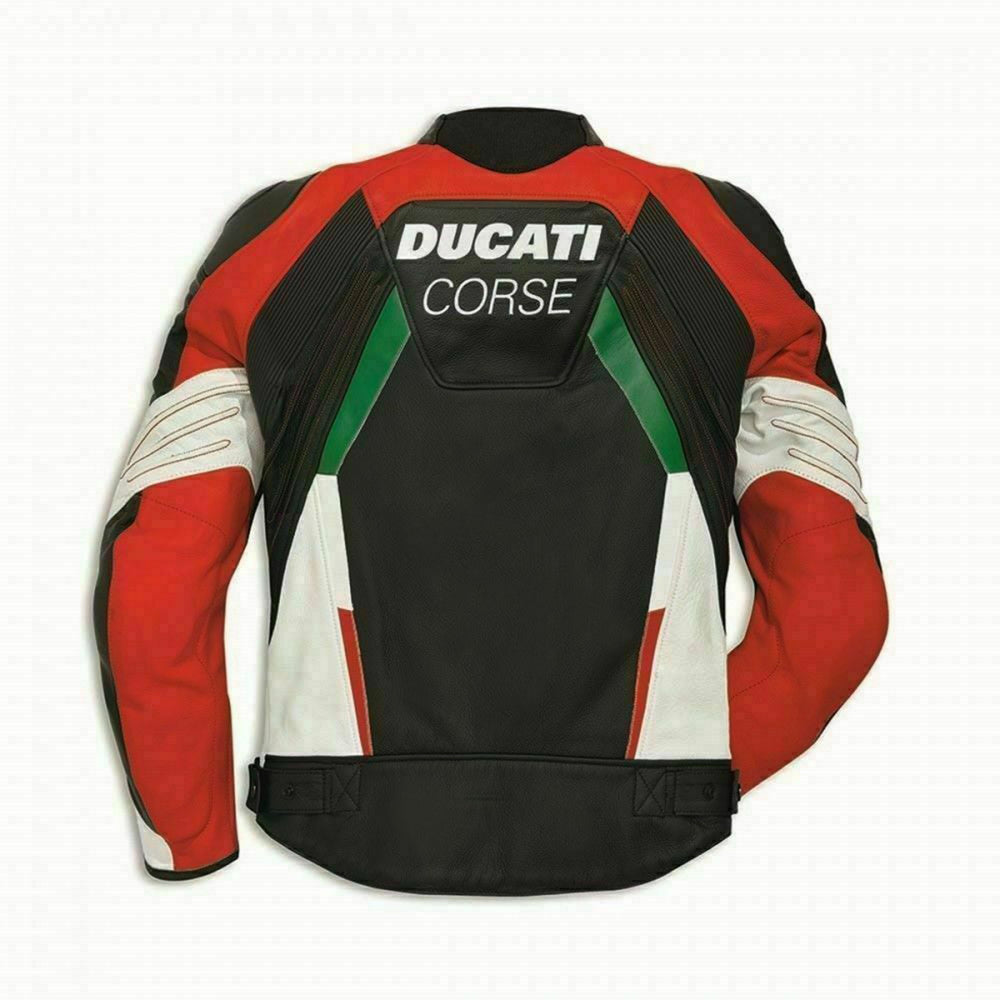 Back view of the Ducati Corse C3 Leather Motorbike Jacket in black, red, and white with green accents. Features 'Ducati Corse' branding on the upper back, with reinforced stitching and ergonomic design for comfort and protection.