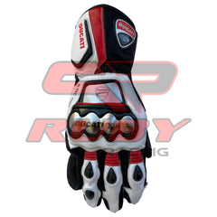 A single Ducati Corse racing motorbike glove is shown, focusing on the front side. The glove features a bold black, white, and red color scheme, with the Ducati Corse logo prominently displayed on the wrist area.