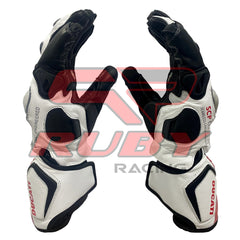 A pair of Ducati Corse motorbike gloves viewed from the palm side, showcasing reinforced padding, pre-curved fingers, and Ducati branding.