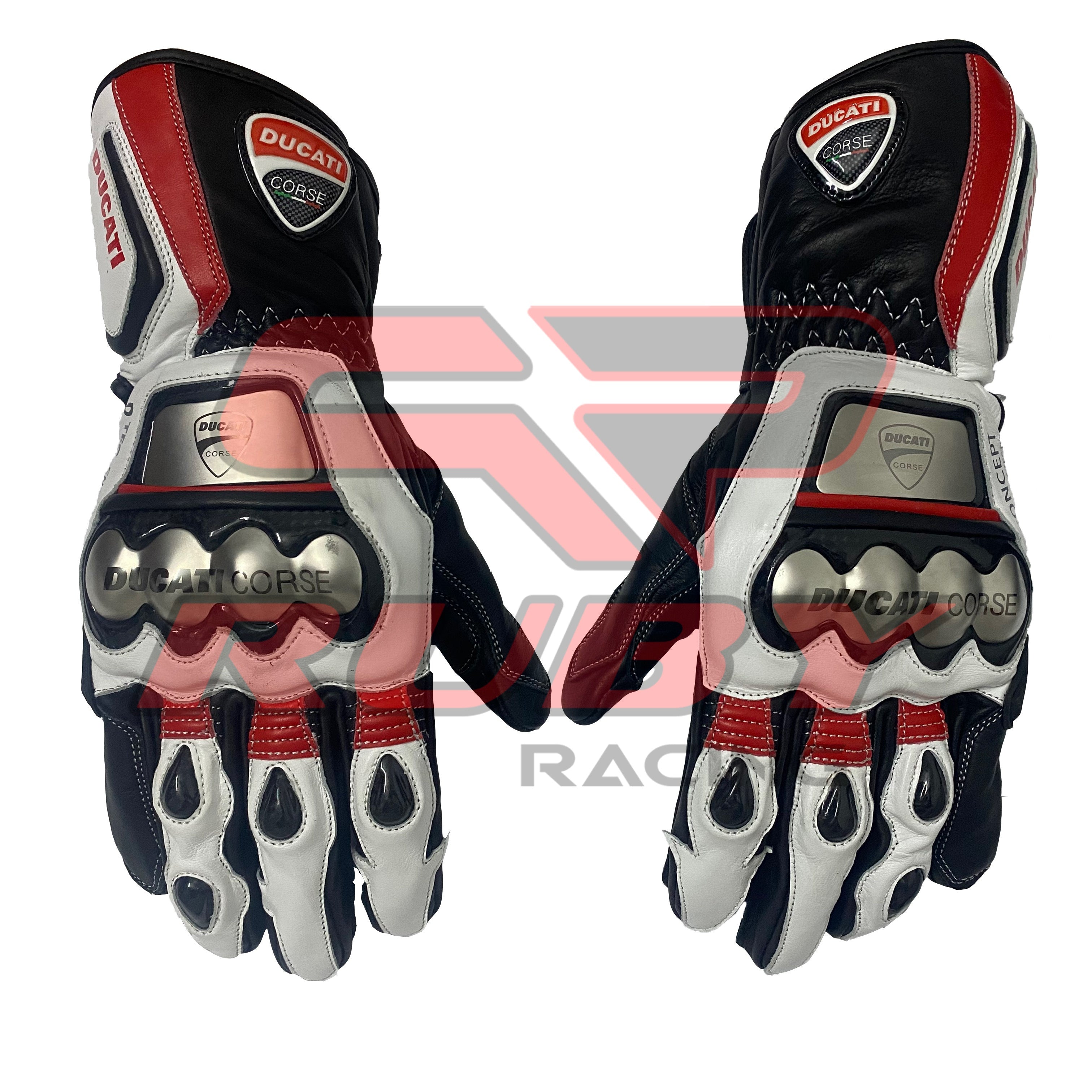 A pair of Ducati Corse racing motorbike gloves with a black, white, and red color scheme. The gloves feature protective metallic knuckle armor and padded fingers. The Ducati logo is prominently displayed on the top of each glove.