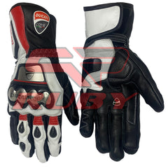 A pair of Ducati Corse racing motorbike gloves, showing both the front and back sides. The gloves have a black, white, and red color scheme with the Ducati logo prominently displayed on the wrist area