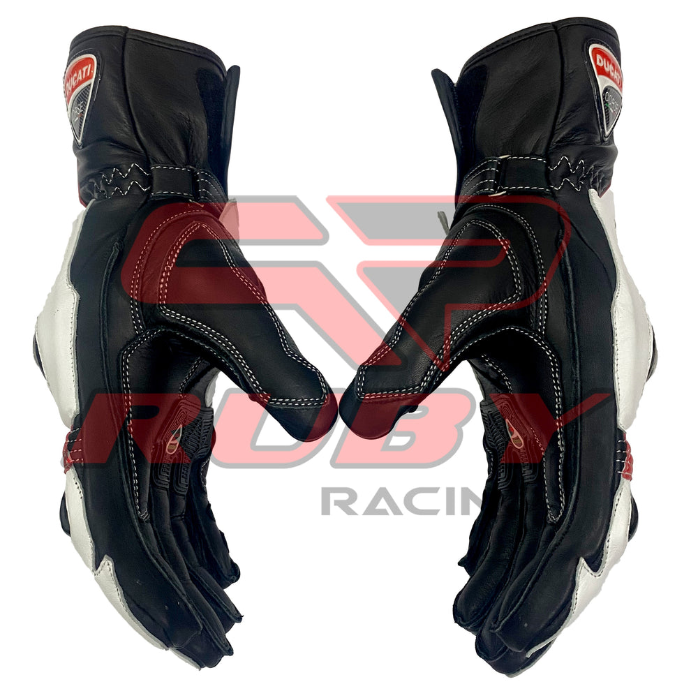 Side view of Ducati Corse motorbike gloves in black with white and red accents, featuring reinforced stitching, pre-curved fingers, and Ducati logos